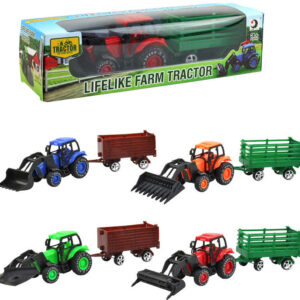 Traktor zemědělský 9cm set s vlečkou a nástrojem 4 druhy v krabici plast